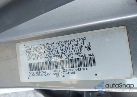 2003 Toyota Corolla Le from USA, damaged, VIN JTDBR32E432010354